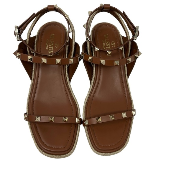 Valentino Rockstud Espadrille Heel Ankle-Strap Sandals Size 38 EU Brown Leather - Picture 3 of 7